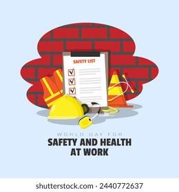 World Day For Safety and Health at Work poster with various kinds of safety equipment