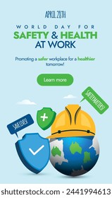 World day for Safety and Health at work. World day for safety and health at work story banner, post with earth globe wearing construction helmet to promote the safety of workers and use of safety gear