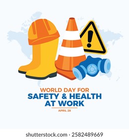 World Day for Safety and Health at Work poster vector illustration. Work protective equipment and clothing icon set. Template for background, banner, card. 28 April every year. Important day