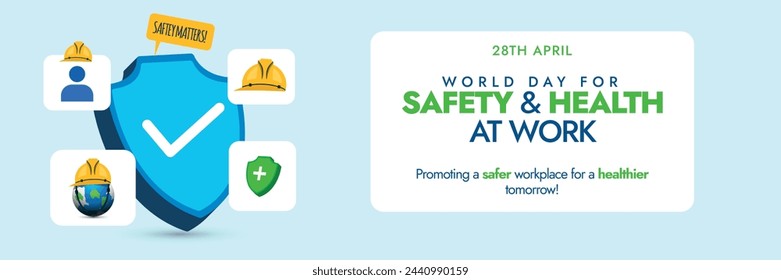 World Day For Safety and Health at Work.28th April World day for safety and health at work cover banner with protection shield and icons around it to promote safety measures for workers safety.