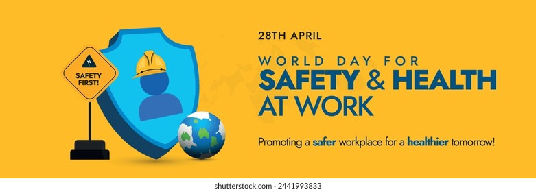 World Day for Safety and Health at Work.28th April World day for safety and health at work celebration and awareness cover banner to promote workers, staff members health and safety. Workers rights.