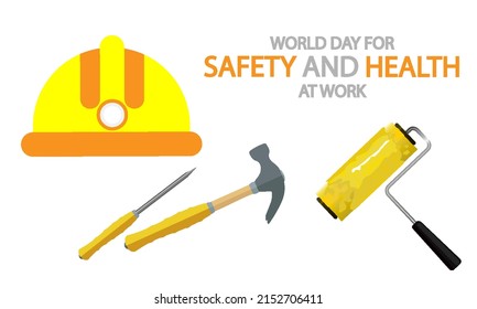 World day for safety at work tools and hard hat, vector art illustration.