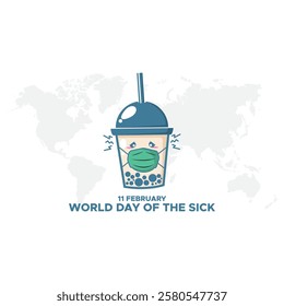 World day of the sick for poster and banner with inscription and sad woman suffer from toothache. February 11, world sick awareness. Unhappy girl with a painful feeling. Flat vector illustration