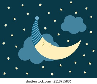 World day of sleep, night starry sky, sleeping month in a cap. For banner, poster, flyer, postcard. Simple flat vector illustration