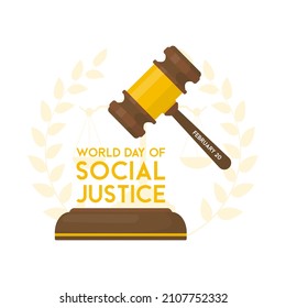 World day of social justice. 20 February. Judge hummer. Laurel wreaths with scale icon. Poster or banner. Flat design vector illustration on white background.