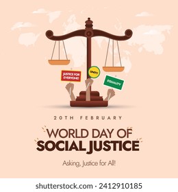 World day of social justice, 20th February awareness post for social media with large justice scale and people showing and protesting with sign cards. Social justice day. Justice for all poster