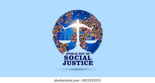 World day of social justice awareness poster banner design and people diversity background. Social Justice day or Social equality concept.