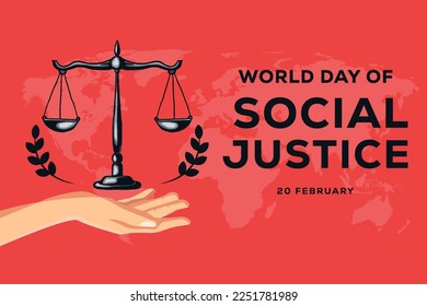 world day of social justice background with hand and scales of justice