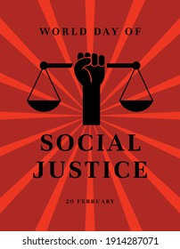 World Day Of Social Justice Banner Vector Illustration With Handhold Up Scales Of Justice On A Red Background