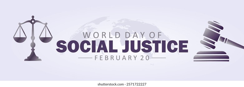 World Day of Social Justice Banner. World Day of Social Justice Vector Banner. Illustration of scales of justice placed over a subtle world map. Vector Illustration for Poster, Banner