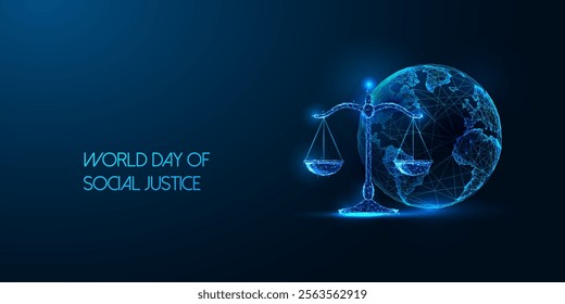 World Day of Social Justice concept with glowing Earth and scales on dark blue background. Balance, fairness, global equality. Social awareness, human rights web banner. Futuristic vector illustration