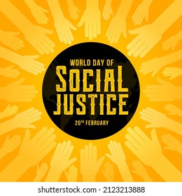 Día mundial de la justicia social, febrero, símbolo de la justicia con la mano levantada y el mapa del mundo detrás, ilustración vectorial de color negro y amarillo