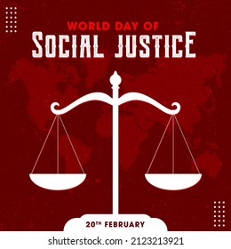 World day of social justice, February, justice symbol with hand raised and world map behind, black and yellow colour vector illustration