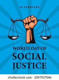 world day of social justice with hand holding scales of justice. banner poster vector design