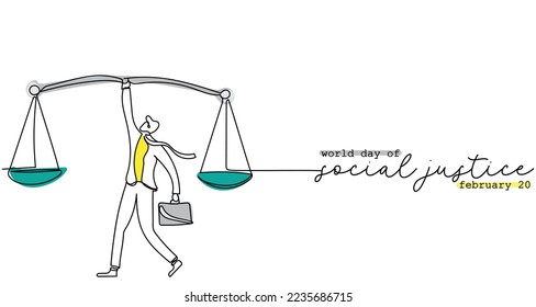 World day of social justice observed every year on february 20. Continuous line art poster design. Social protection for down trodden sector of society. Justice balance scale and hammer. vector art.