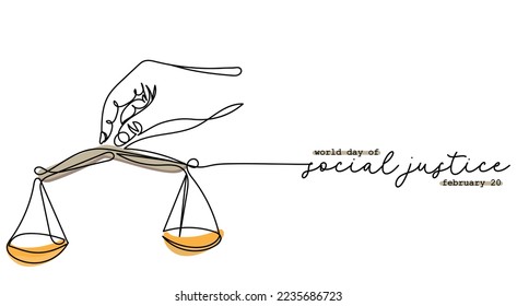 World day of social justice observed every year on february 20. Continuous line art poster design. Social protection for down trodden sector of society. Justice balance scale and hammer. vector art.