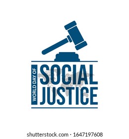 World day social justice on february 20 typography vector image. World justice day celebration with hammer of justice icon typography lettering logo vector