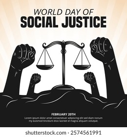 World Day Of Social Justice with raised fist and balance scale