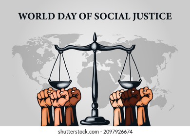 World Day Of Social Justice With Scales Of Justice And Hands Clenched With Color Skin Diversity