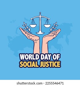 world day of social justice vector illustration with scales of justice hand on blue color background