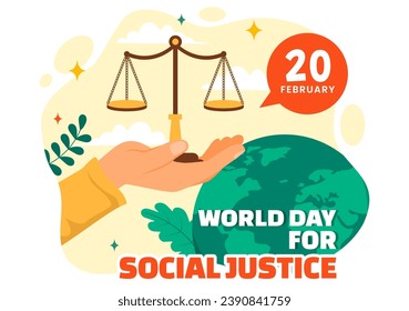 World Day of Social Justice Vector Illustration on February 20 with Scales or Hammer for a Just Relationship and Injustice Protection in Background