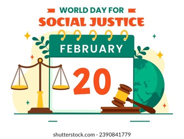 World Day of Social Justice Vector Illustration on February 20 with Scales or Hammer for a Just Relationship and Injustice Protection in Background