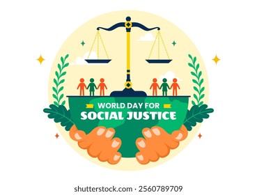 World Day of Social Justice Vector Illustration Featuring Scales and a Gavel Representing Justice, Equality, and Protection Against Injustice 