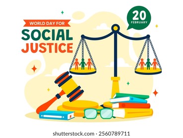 World Day of Social Justice Vector Illustration Featuring Scales and a Gavel Representing Justice, Equality, and Protection Against Injustice 