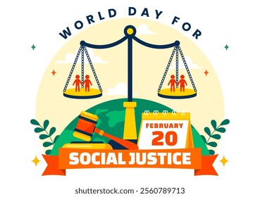 World Day of Social Justice Vector Illustration Featuring Scales and a Gavel Representing Justice, Equality, and Protection Against Injustice 