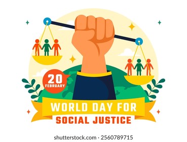 World Day of Social Justice Vector Illustration Featuring Scales and a Gavel Representing Justice, Equality, and Protection Against Injustice 