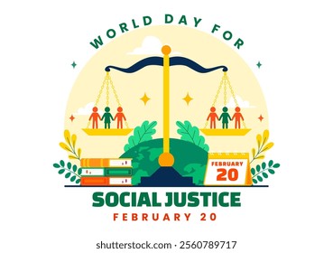 World Day of Social Justice Vector Illustration Featuring Scales and a Gavel Representing Justice, Equality, and Protection Against Injustice 