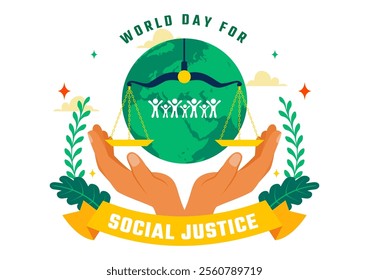 World Day of Social Justice Vector Illustration Featuring Scales and a Gavel Representing Justice, Equality, and Protection Against Injustice 