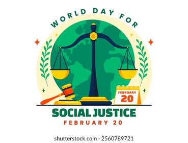 World Day of Social Justice Vector Illustration Featuring Scales and a Gavel Representing Justice, Equality, and Protection Against Injustice 