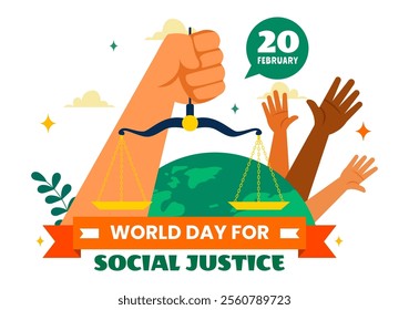 World Day of Social Justice Vector Illustration Featuring Scales and a Gavel Representing Justice, Equality, and Protection Against Injustice 