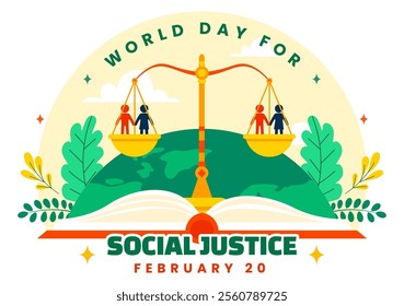 World Day of Social Justice Vector Illustration Featuring Scales and a Gavel Representing Justice, Equality, and Protection Against Injustice 