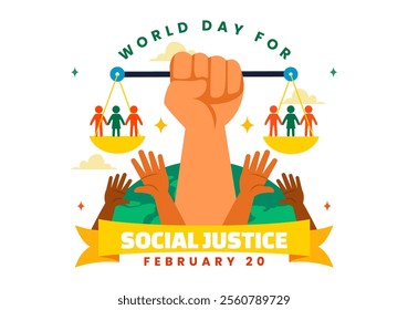 World Day of Social Justice Vector Illustration Featuring Scales and a Gavel Representing Justice, Equality, and Protection Against Injustice 