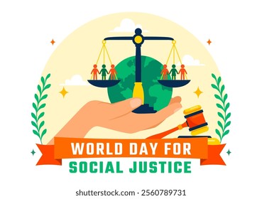 World Day of Social Justice Vector Illustration Featuring Scales and a Gavel Representing Justice, Equality, and Protection Against Injustice 