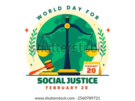 World Day of Social Justice Vector Illustration Featuring Scales and a Gavel Representing Justice, Equality, and Protection Against Injustice 