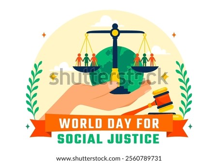 World Day of Social Justice Vector Illustration Featuring Scales and a Gavel Representing Justice, Equality, and Protection Against Injustice 