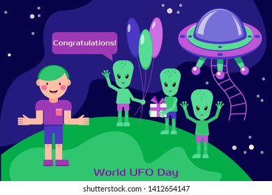 World Day UFO. Aliens wish people happy holidays. Congratulations. Spaceship. Flying saucer. Illustration on a dark blue background. Suitable for poster, banner, campaign, and greeting card. - Vector