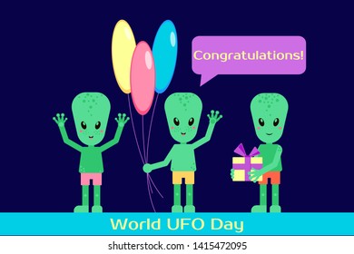World Day UFO. Aliens wish people happy holidays. Newcomers. Congratulations. Vector illustration on a dark blue background. Suitable for poster, banner, campaign, and greeting card. - Vector