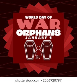 World Day of War Orphans to celebrate on January 6th. Illustration of a child with his parents' coffin on dark red background.