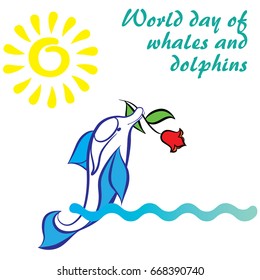The world day of whales and dolphins. Emblem. Sunny day, turquoise waves. Dolphin presents a flower.