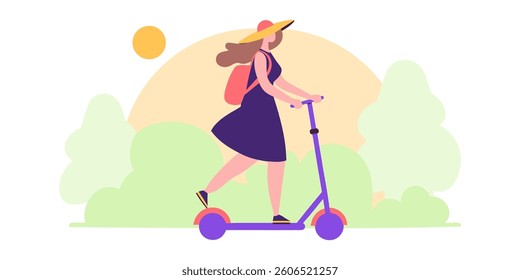 World Day Without Car. A cute girl rides a scooter in the park. healthy lifestyle. vector illustration