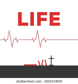 world day without tobacco, vector illustration, flat silhouette, banner concept, poster template, red, black, white, cross, cigarette butt, life, cardiogram, heart rhythm