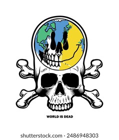 The world is dead. Skull with a earth smiling in the brain