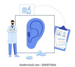 World deaf day concept. Ent medical center. Ear anatomical poster. Doctors in an otolaryngology clinic or hospital. Hearing loss problems. Deafness treatment isolated flat vector illustration