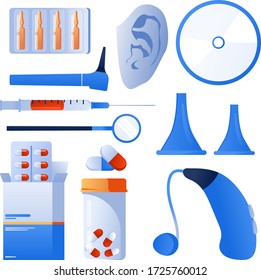 World Deaf Day. Hearing aid. Deaf awareness. Medical check up patient ear, nose and throat. Ear specula, otoscope, reflector, pharmacy banner.