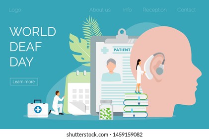 World Deaf Day in  last Sunday of September concept. Rally, seminar and various deaf awareness campaign design vector for app, landing page, website. Tiny doctors give hearing aid.