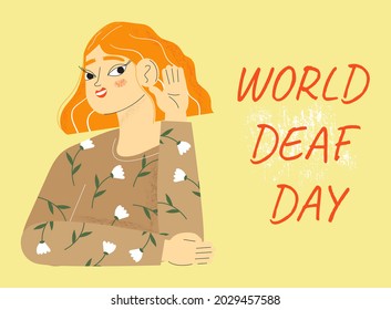 World Deaf Day in  last Sunday of September concept. Rally, seminar and various deaf awareness campaign design vector for app, landing page, website. Girl is holding arm near ear.